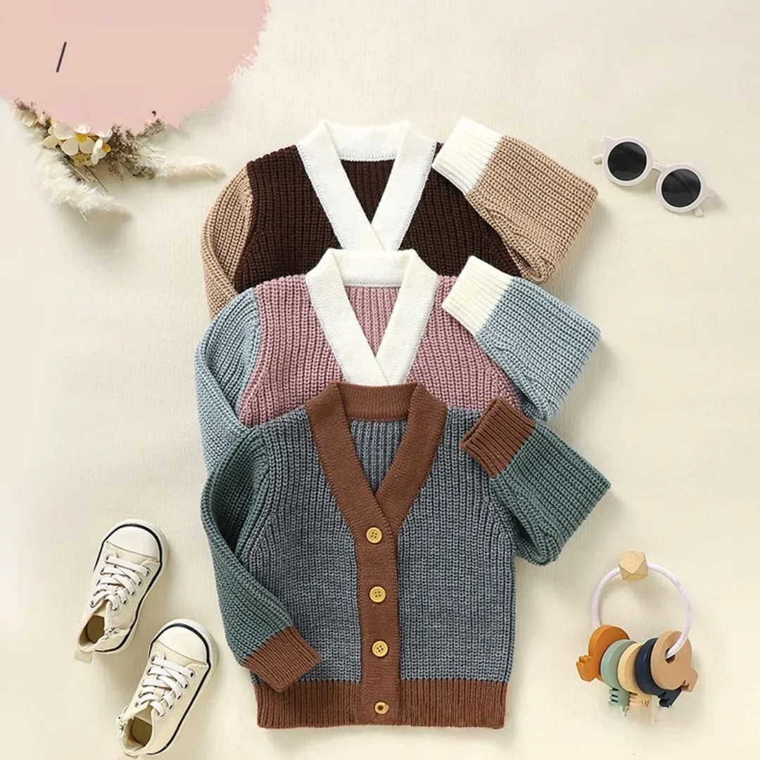 

0-3Y Kids V-Neck Button Down Sweater Baby Autumn Clothes Color Block Knit Cardigan Boys Girls Casual Patchwork Knitted Outerwear