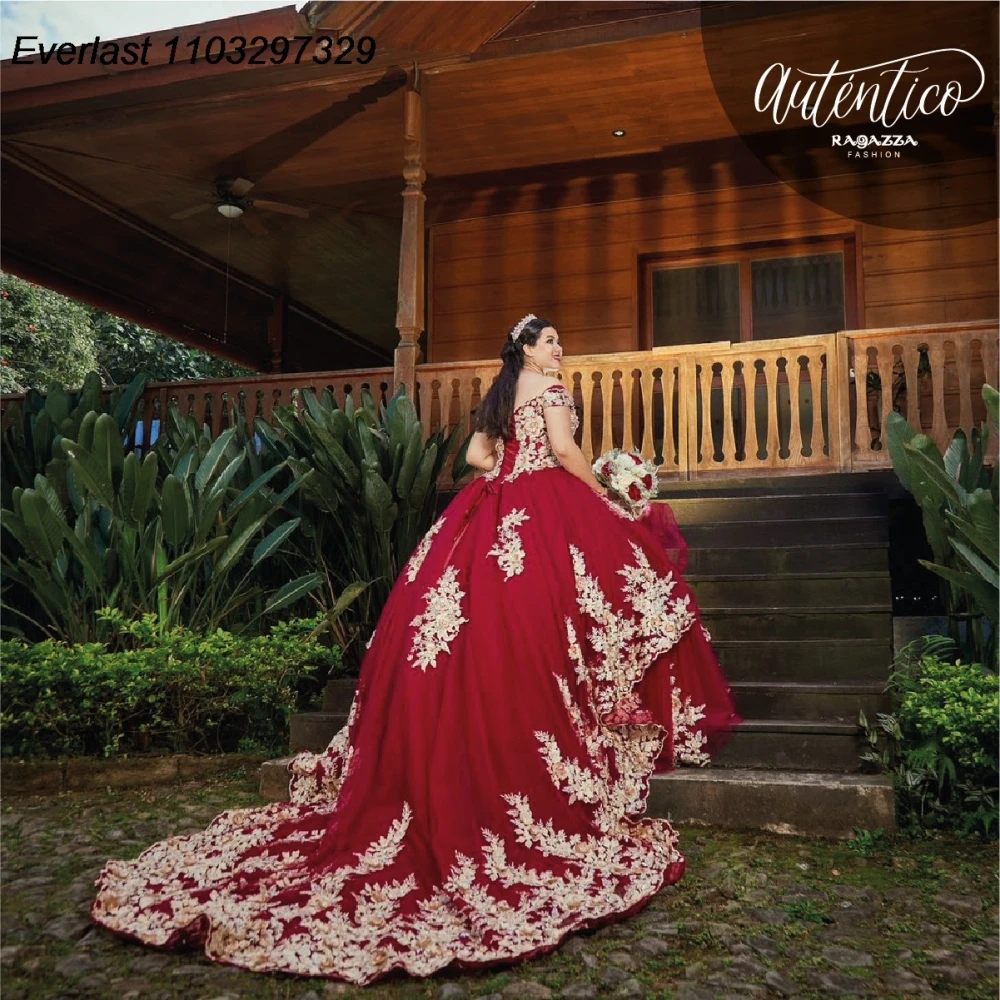 EVLAST Personalizzato Messicano Rosso Abito Quinceanera Abito di Sfera Oro Applique Che Borda A File Dolce 16 Abito Vestido De 15 Anos TQD911