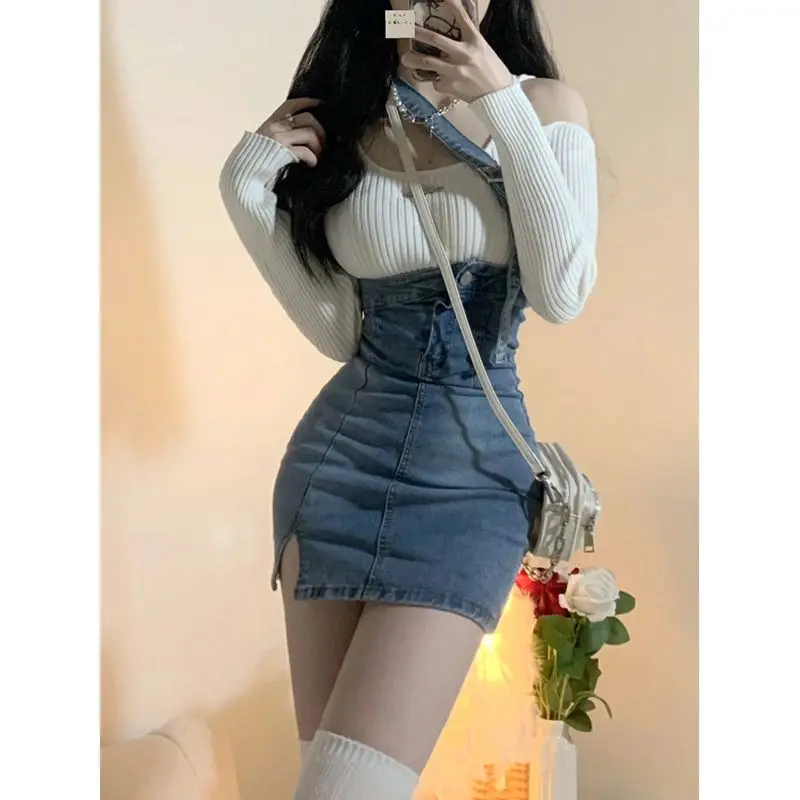 Casual Knitted 2 Piece Dress Suits Women Y2k Sweater + Fashion High Quality Jean Dress Set Korean Fashion Clothing Chic