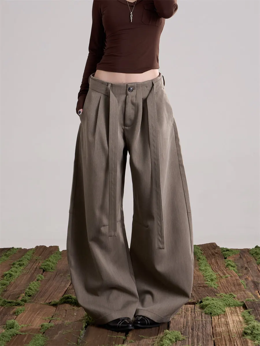 Women Low‑Rise Barrel‑Leg Pants Draped Wide Leg Straight Long Trousers Loose Slim Fit Office Commute Casual Suit Pants