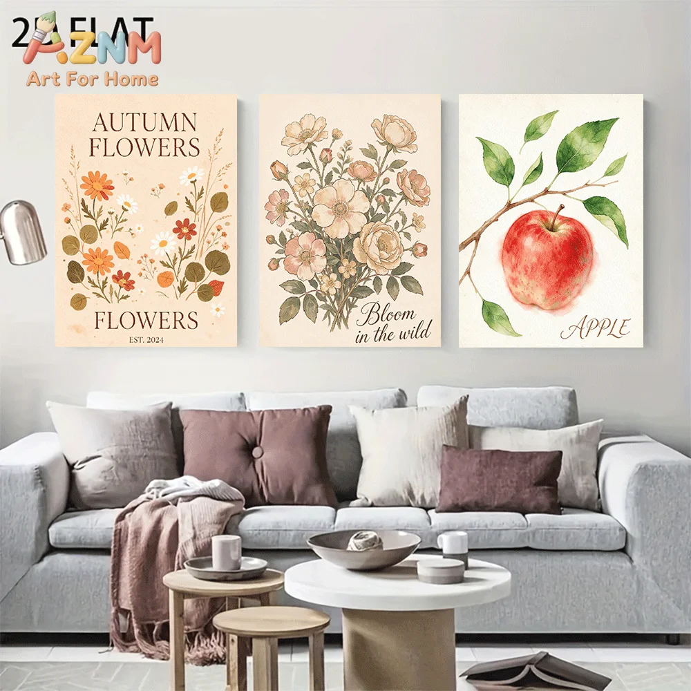 AZNM Frameless Canvas Wall Art, Vintage Autumn Wildflower & Red Apple Watercolor Print, Retro Botanical Fruit Wall Decor for Liv