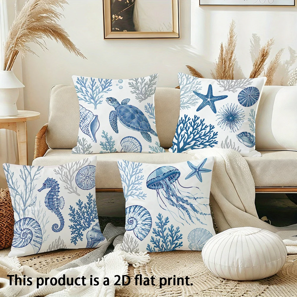 1pc  Nautical Coastal Throw Pillow Covers, Ocean Themed Marine Life Decorative Cushion Cases for Home Living Room