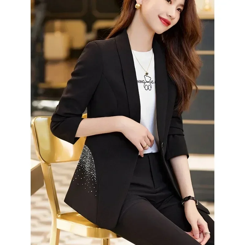 Musim semi musim gugur biru hitam putih Blazer wanita bisnis wanita pakaian kerja jaket Formal lengan panjang