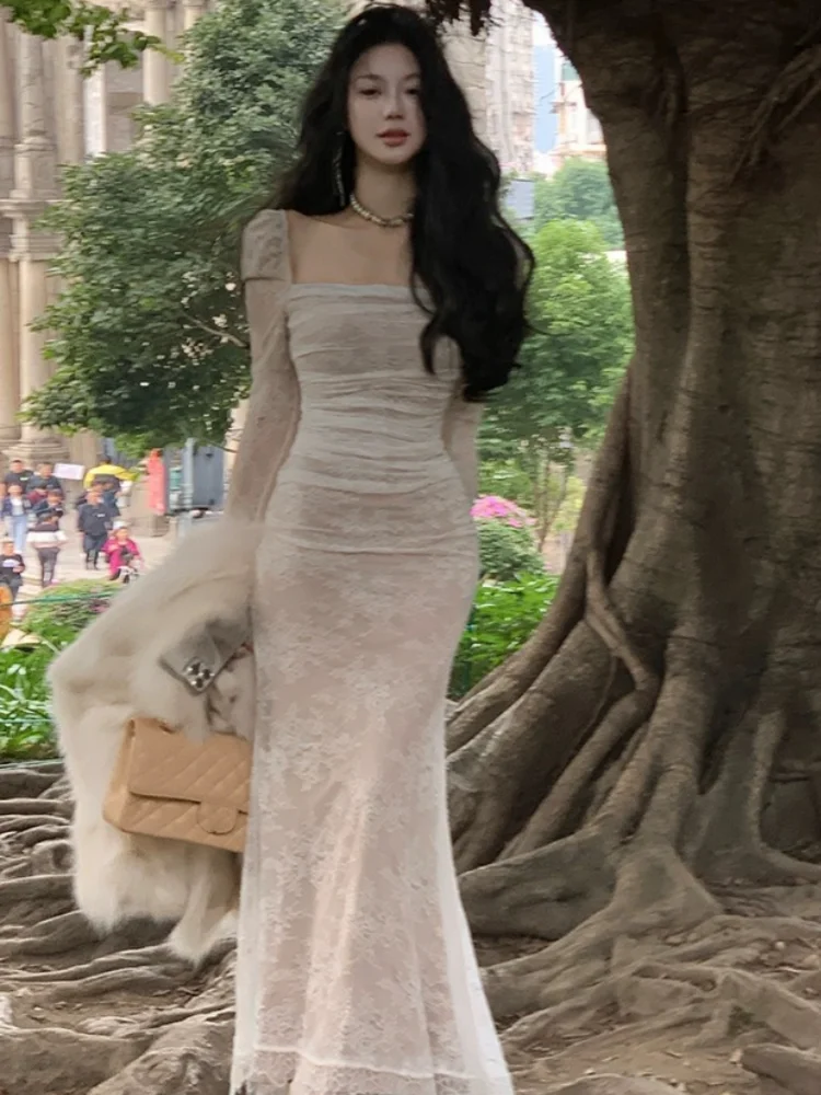 

Autumn Floral Lace Midi Women Dress Elegant and Chic Bodycon Party Prom Dresses Female Vintage Slim Evening Clothes New