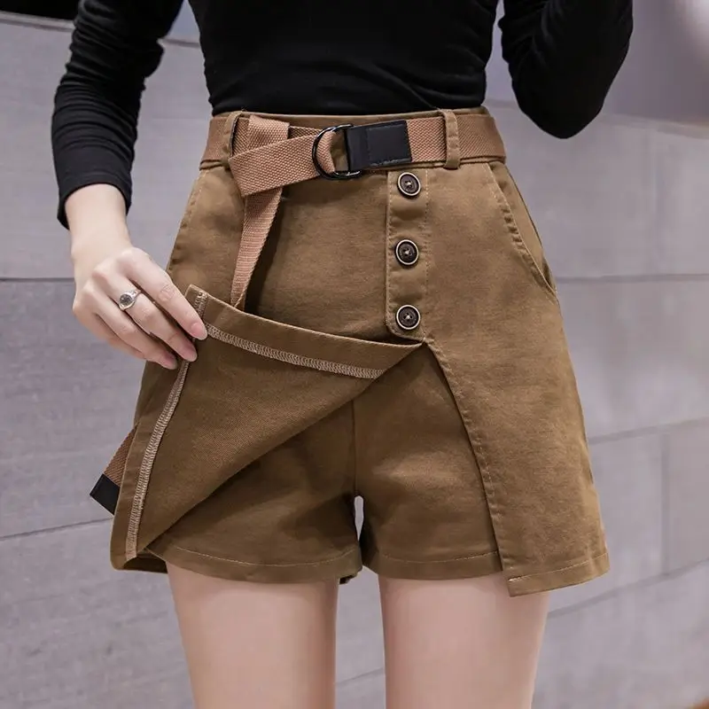 2024 Summer Shorts Women Elastic Culottes Thin Fashion High-waisted Slimming Fake Two Trousers Skirt Style Korean Casual Pants