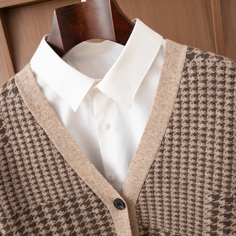 الخريف والشتاء الرجال سترة برقبة على شكل v مع 100% الصوف الخالص استرخاء مبطن سترة محبوك سترة الكشمير المعنقة معطف