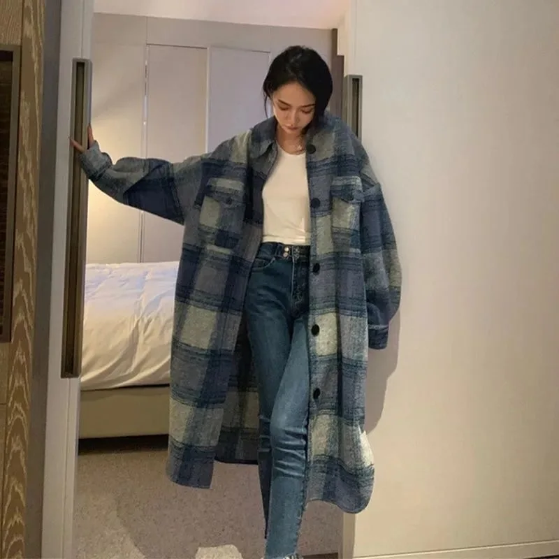 Long Plaid Shirt Coats Women Autumn Oversized Checkered Shirt Female Fashion Vintage Loose Single Breasted Long Cardigans Lady