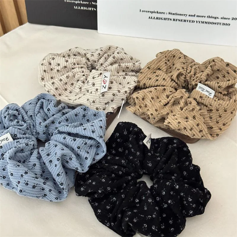 Autumn Winter New Style Corduroy Floral Scrunchies Oversized Velvet Black Hair Ties Ropes Women Young Girls Elegant Hair Bands