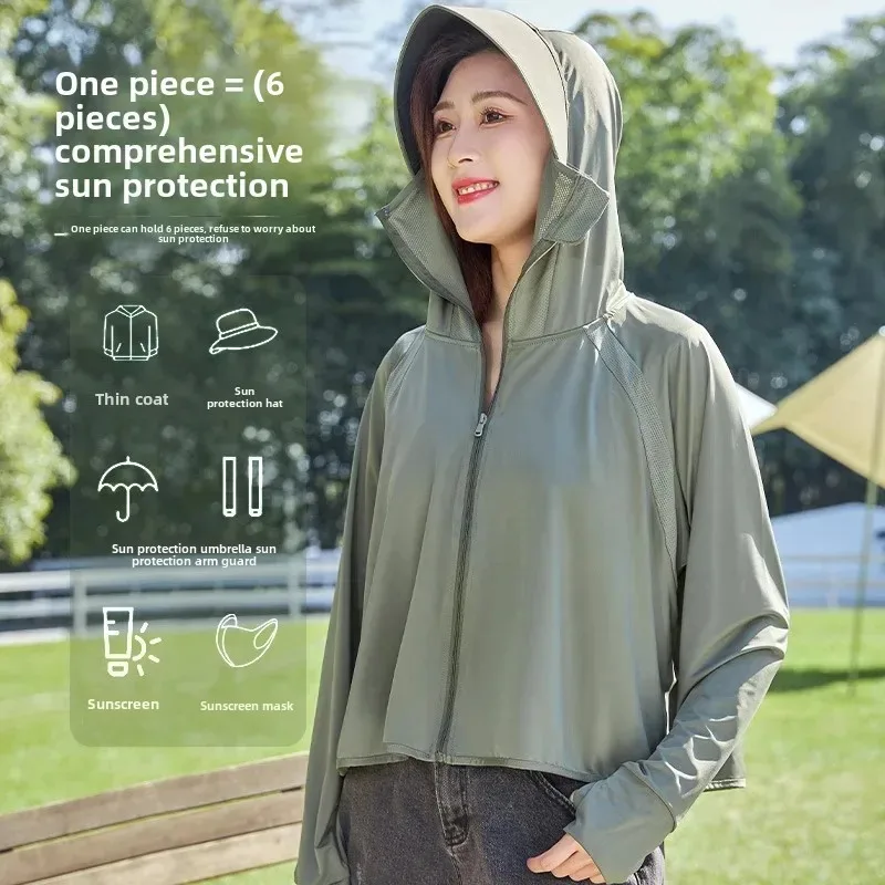 جديد 2025 ملابس نسائية للحماية من الشمس من الجل الأسود صيفية من الحرير الجليدي قابلة للتنفس للحماية من الأشعة فوق البنفسجية ورقبة دائرية شال خارجي