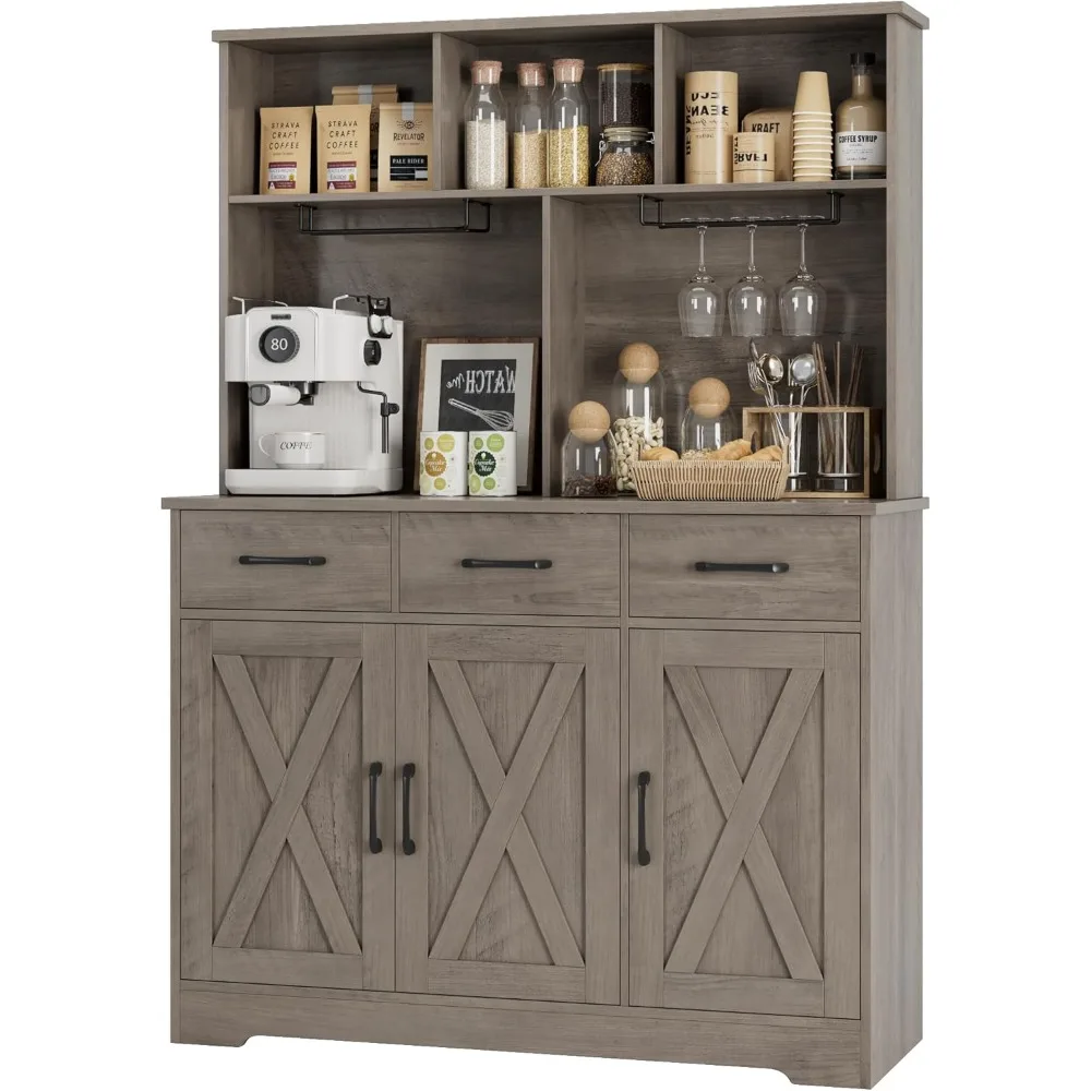 

Buffet Cabinet with Hutch, Modern Farmhouse Kitchen Buffet Sideboard Storage with 3 Drawers, Barn Door Coffee Bar Station, Liqu