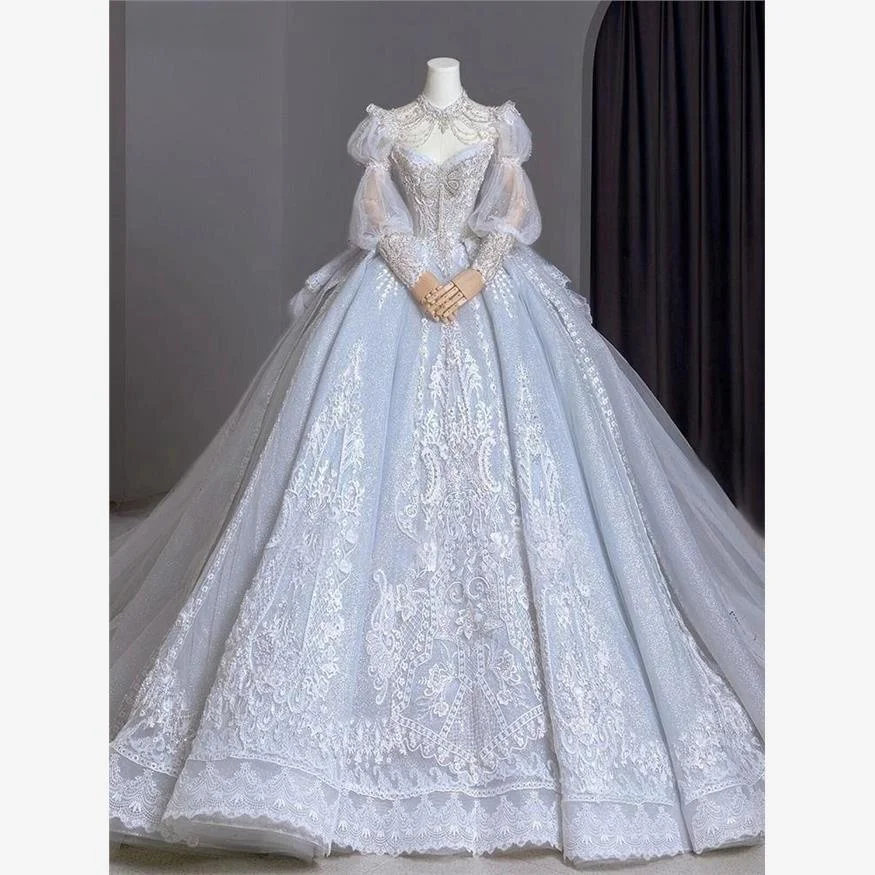 

2024 New Wedding Dr Heavy Work Long Sve High Quali Sensation Bride Gown Tail Wedding Main Dr Ele Lady's Costume