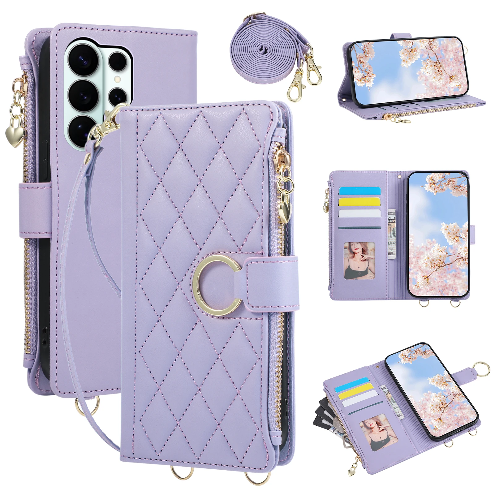 Crossbody Wrist Strap Leather Wallet Phone Case for Samsung 