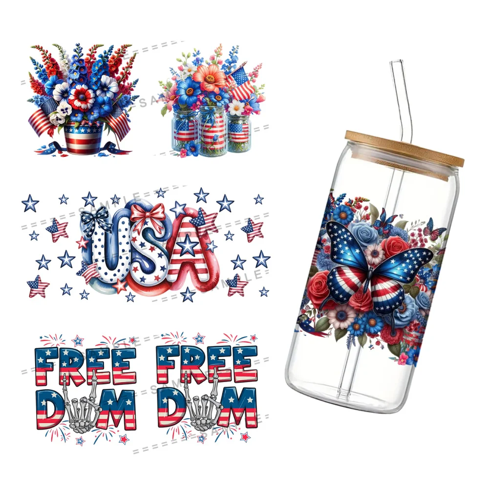 

11x24cm Independence Day USA UV DTF Wraps Sticker DIY For 16oz Glass Cup Waterproof Decals Phone Case Girls Sticker