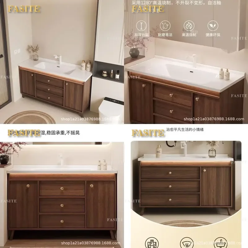 For New Chinese Style Bathroom Walnut Wash Basin Cabinet Combination Ceramic Integrated Hand Face Washbasin Furniture