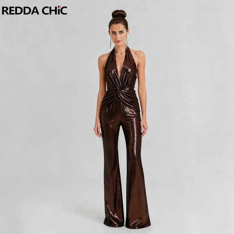 

REDDACHiC Flared Pants Jumpsuit Women Shiny Sequin V-Neck Off Shoulder Twist Backless Halter Overalls Party Sexy Night Clubwear