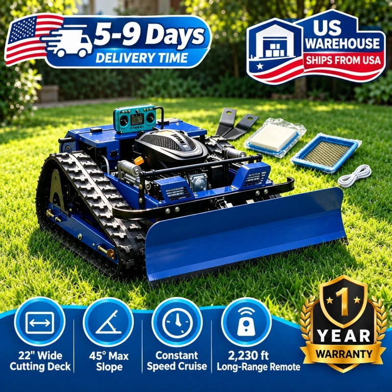 Remote Control Steep Slope Lawn Mower with Snow Shovel, Rechargeable Grass Cutter Comes with Replacement Blades & Air Filter for Home Garden Yard