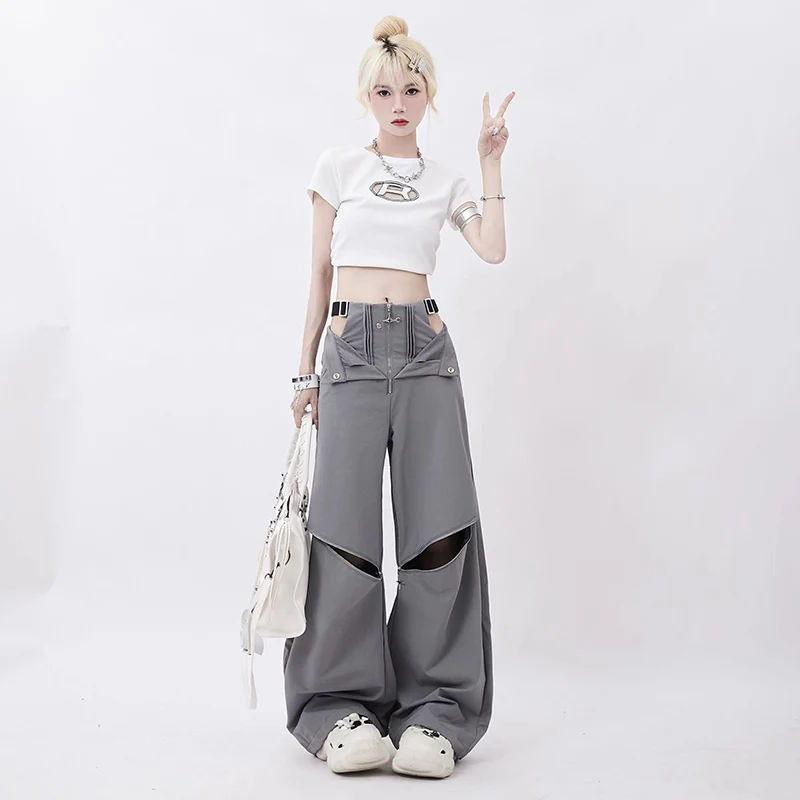 Y2K Fashion Zipper Cargo Pants Women Korean High Waist Streetwear Loose Hollow Out Wide Leg Pants Ins Tide All Match Trousers