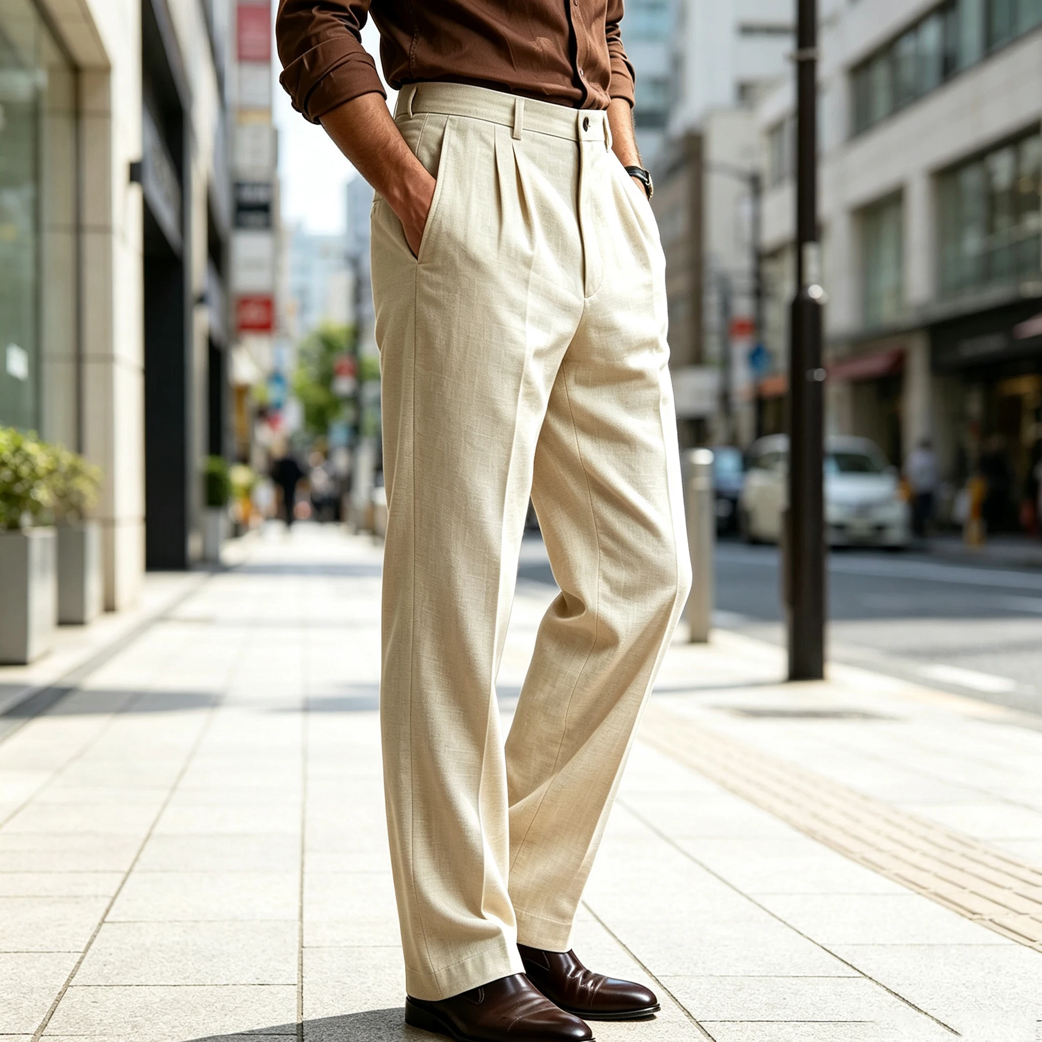 Men's Linen Suit Pants High Waist Pleated Wide Leg Trousers Business Casual Breathable Straight Loose Fit Straight Leg Dress Pan