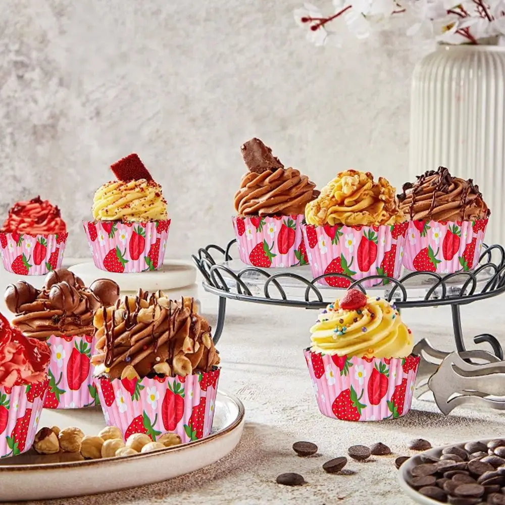 300PCS Pink Strawberry Cupcake Liners Summer Fruit Theme Paper Cups Strawberry Cupcake Toppers Standard Cupcake Liners Bulk