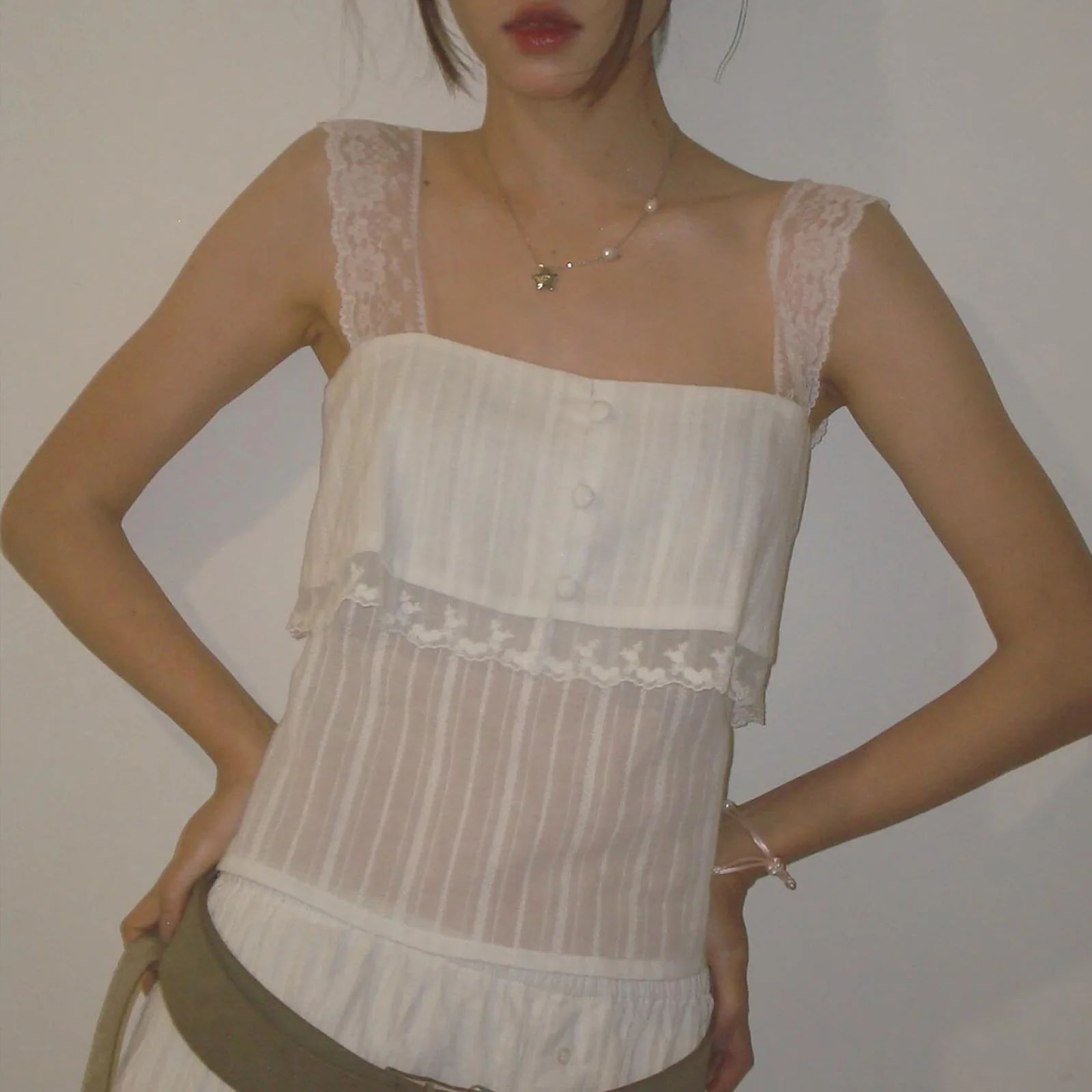Sexy Women Y2k Lace Ruffle Trim Top Fairycore Sheer Button Front Scoop Neck Camisole Cute Going Tops Boho Vest
