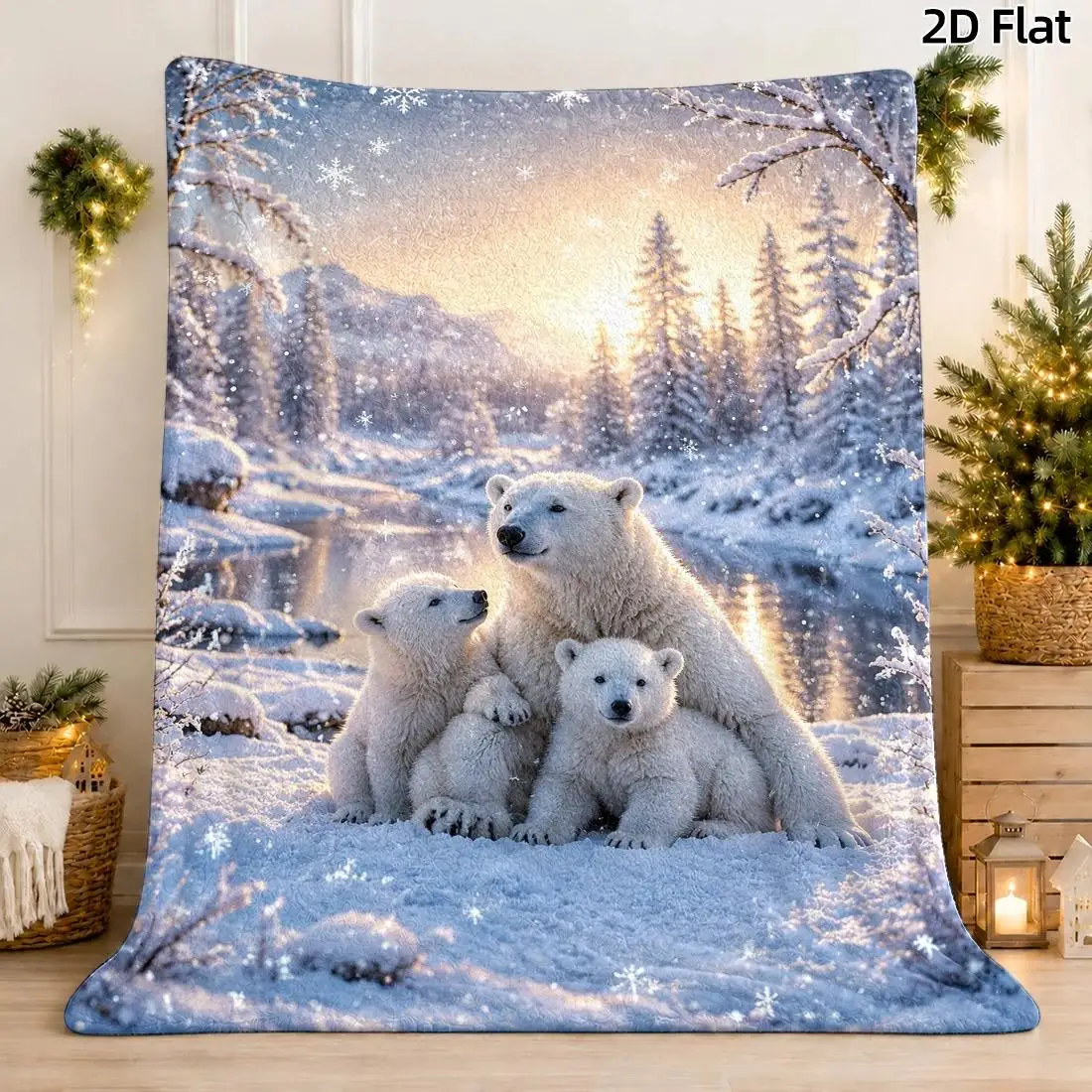 1pc 2D Flat DIY Coloring Throw Blanket, Polar Bear Family Snowflake Line Art, Oil Painting Arctic Scene with Golden Sunset Decor