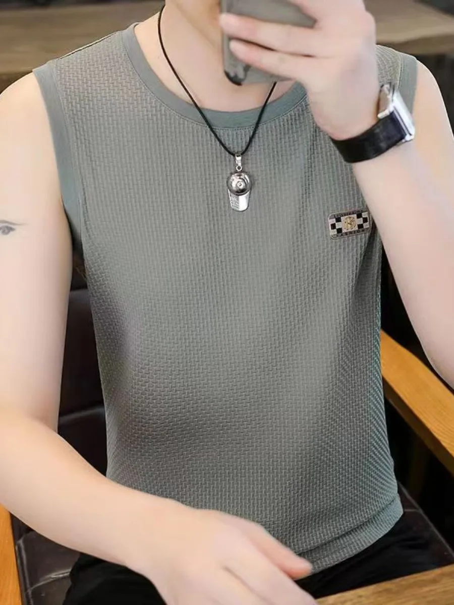 夏用ラウンドネックアイスシルクベスト-メンズ薄手スポーティノースリーブタンクトップ-トレンドツーピースセット-通気性フィットネスウェア