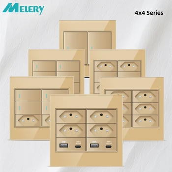 Melery 4x4 Fireproof Glass Panel Brazil Standard Outlet Dual USB Type C Wall Socket Light Switch Office Gold 10A 20A