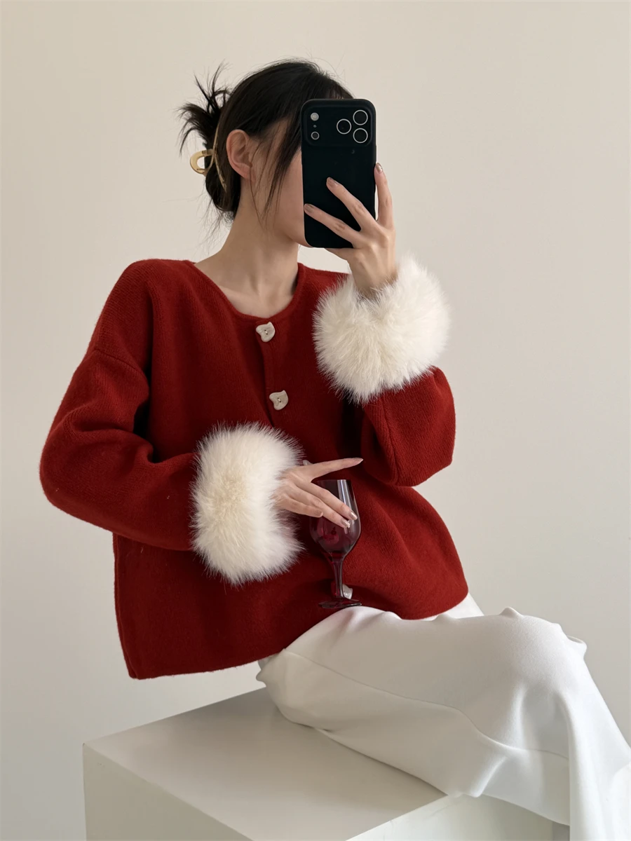 

Новый праздничный пушистый вязаный свитер Ele Red Cisas с пуговицами-сердечками, свободный крой, женский кардиган, трикотаж