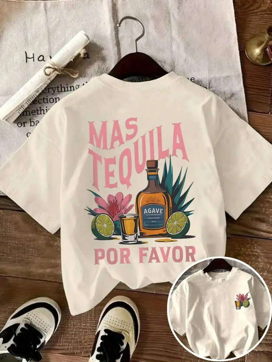2026 Fashion New Women Loose Round Neck Short Sleeve Tee Tequila Cocktail Margarita Glass Lemon Flower Leaf Letter Print Spring Summer Casual Basic Top Tee