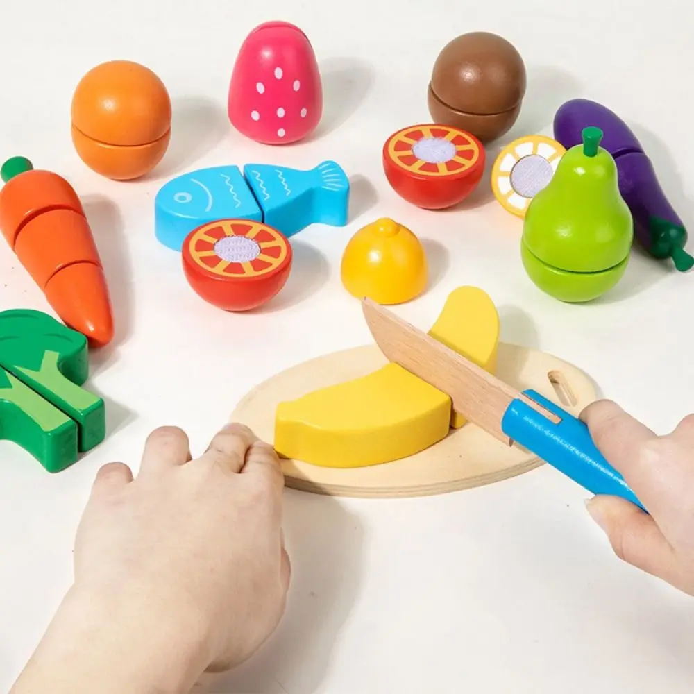 Wooden Fruit Cutting Toy Simulation Magic Sticker Wooden Pretend Toy Educational Features Bucket Style Simulation Kitchen Toy