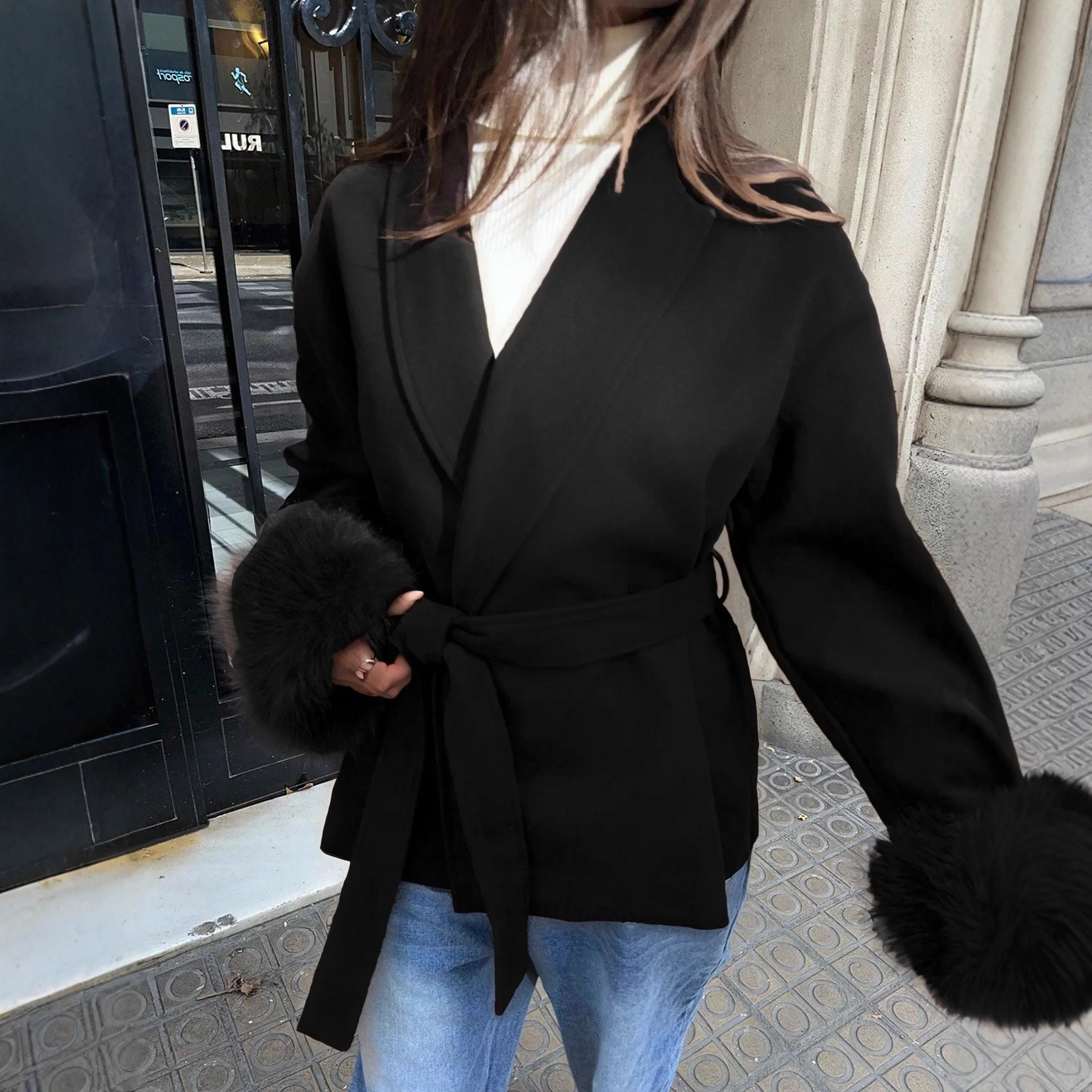 Elegant Lace Up Woolen Overcoat Women Casual Lapel V-neck Full Sleeve Loose Warm Outerwears Lady New Autumn Commute Street Coat