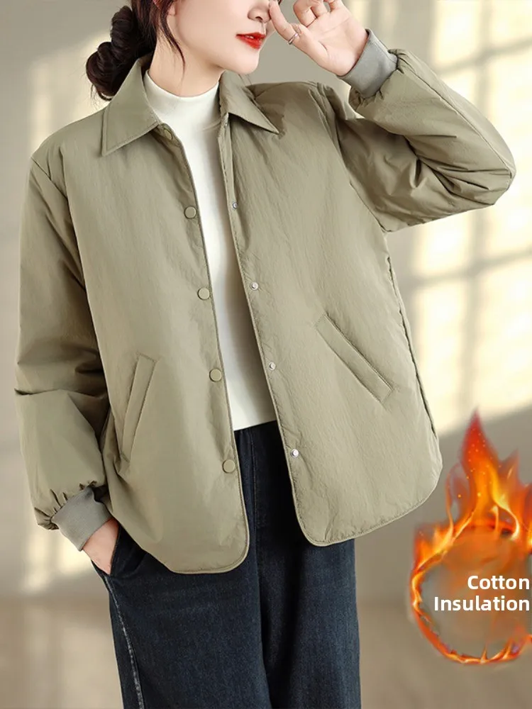 

Утепленная хлопковая куртка однотонного цвета, повседневная легкая женская верхняя одежда, зимнее приталенное пальто на пуговицах, с хлопковым наполнителем