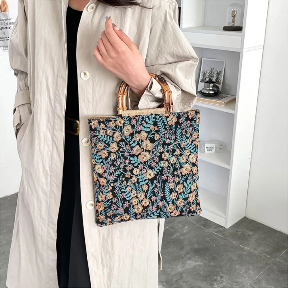 Cloth Jacquard Tote Bag Floral Chinese Style Print Canvas Handbag Retro Bamboo Joint Hanfu Underarm Bag Cheongsam Accessories