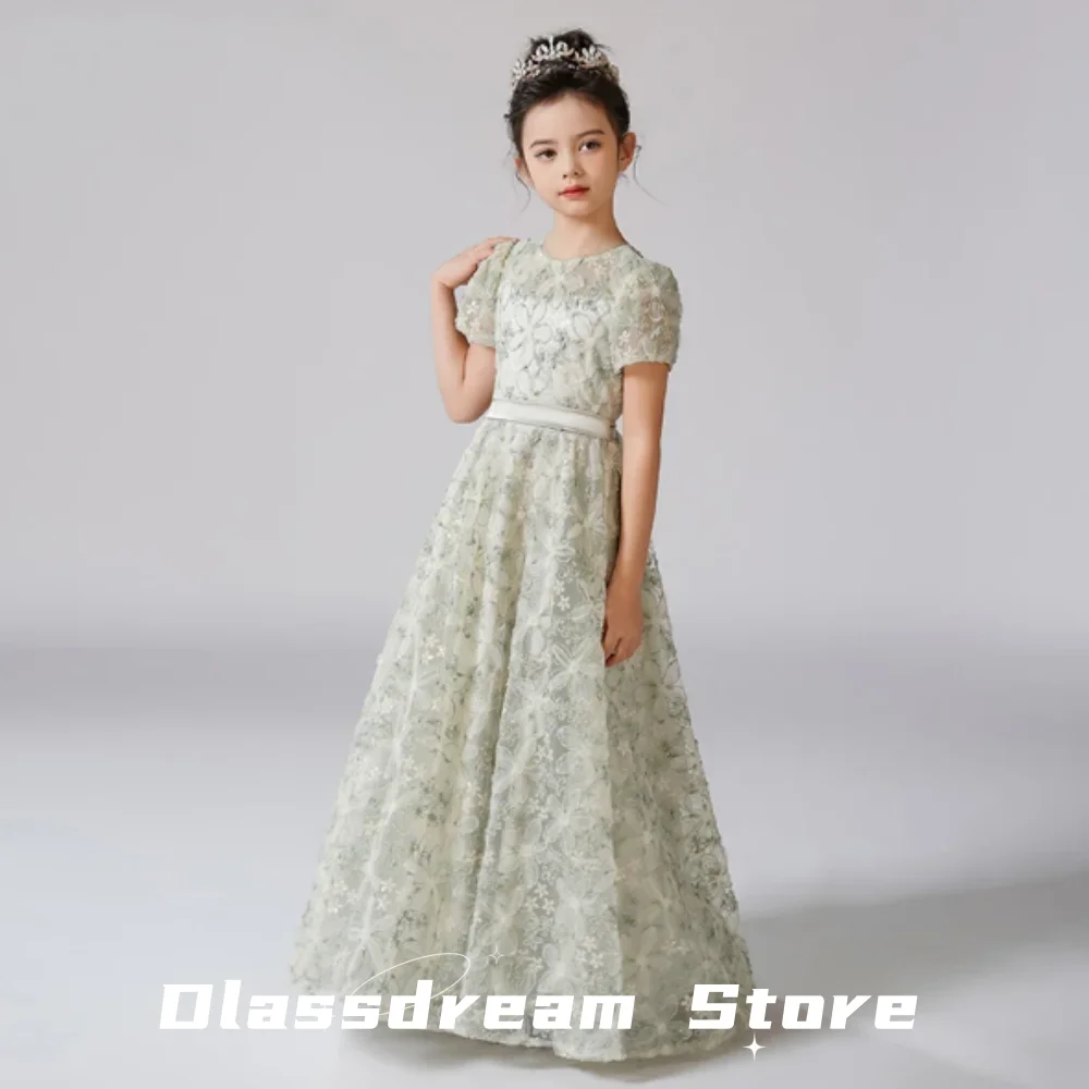 New Elegant O-Neck Dress For Girl  Flower Lace Flower Girl Dresses Puff Sleeves Kids Birthday Princess Gowns vestidos de fiesta