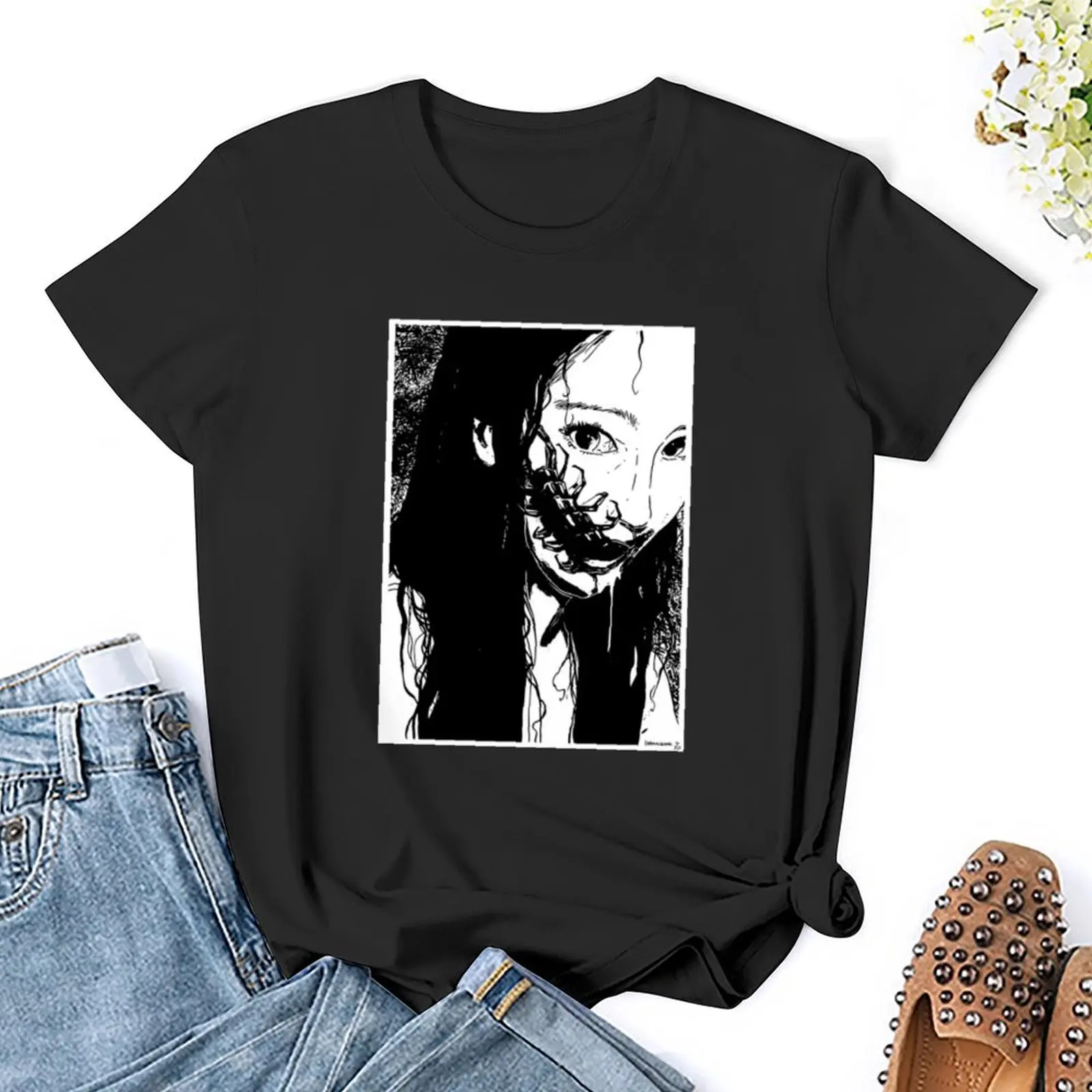 Camiseta de manga curta feminina, camiseta japonesa de terror tradicional, roupas de verão