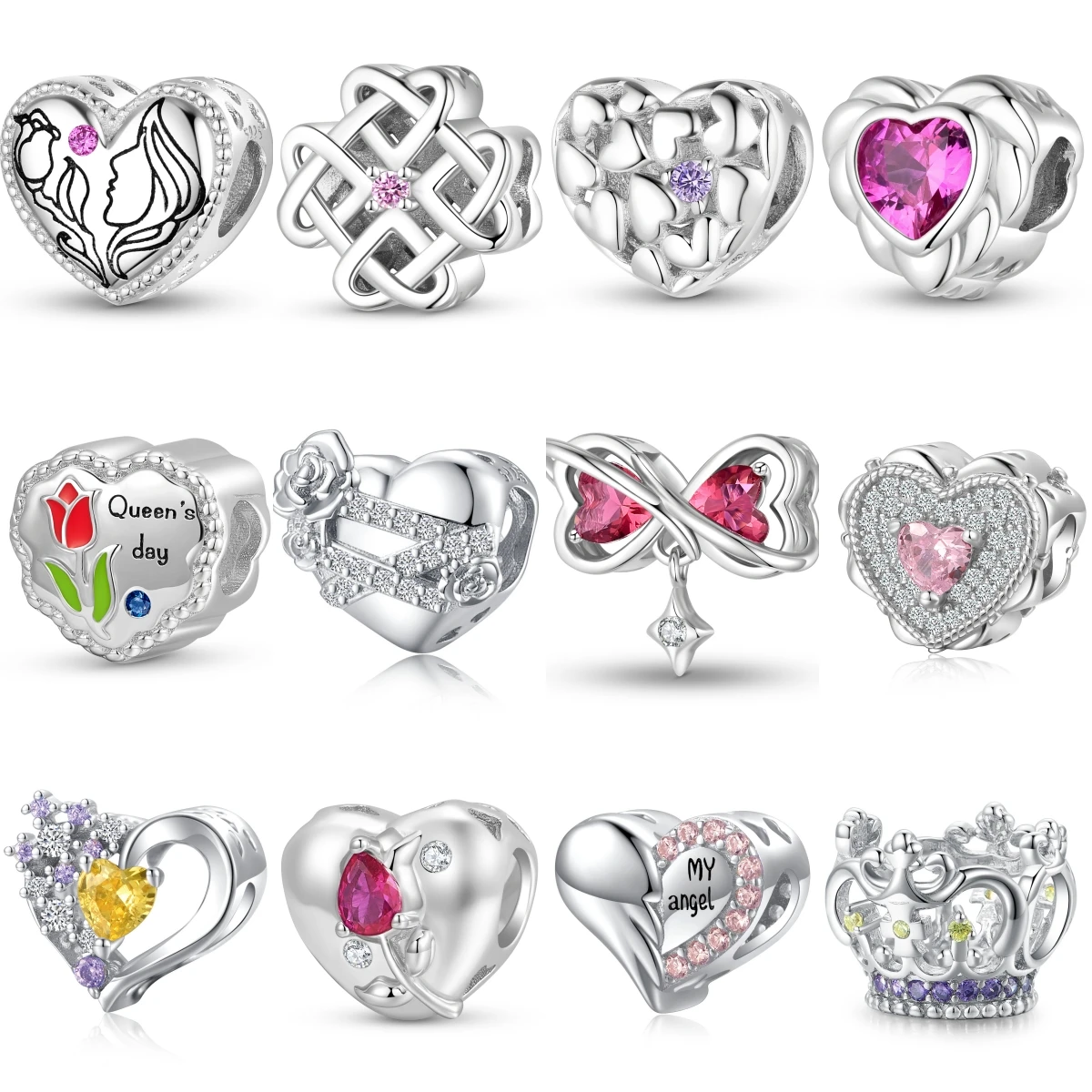 

925 Sterling Silver Little Girl Love Flower Angel Feather Crown Zircon Charm Fit Beads Charm Bracelets & Bangles Diy Jewelry