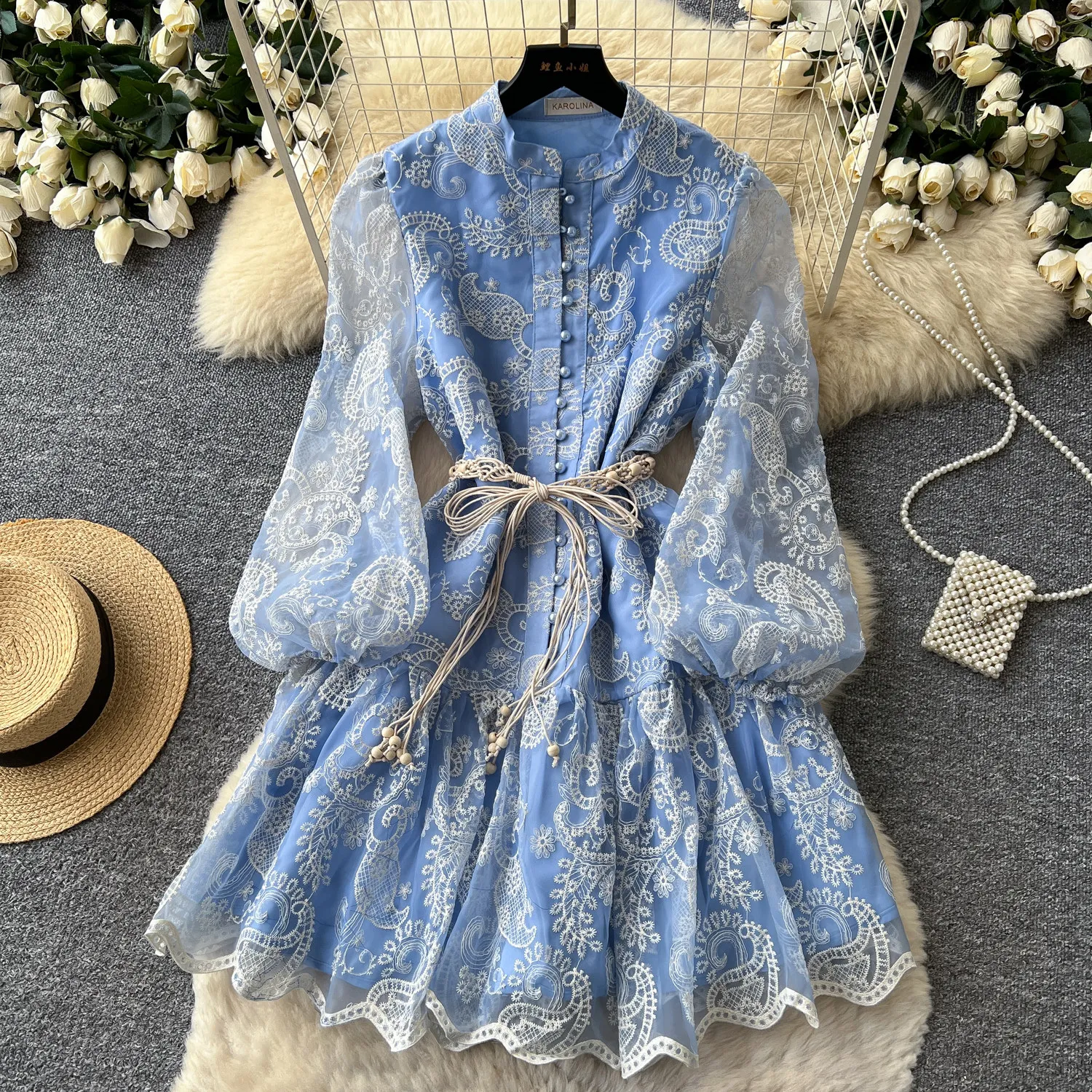 Elegantes, besticktes, knöchellanges Kleid mit Schnürung, A-Linie, lässig, Puffärmel, V-Ausschnitt, Vestidos, hohe Taille, Herbst-Urlaubskleid