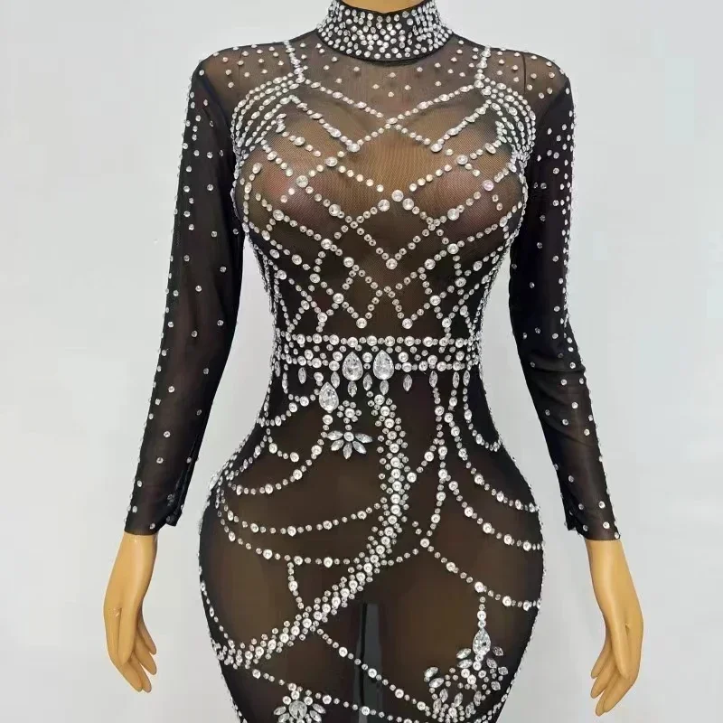 Women Long Dress Black Mesh Shiny Rhinestones Prom Party odycon Stretch Birthday Transparent Gown Singer Model Evening Costume