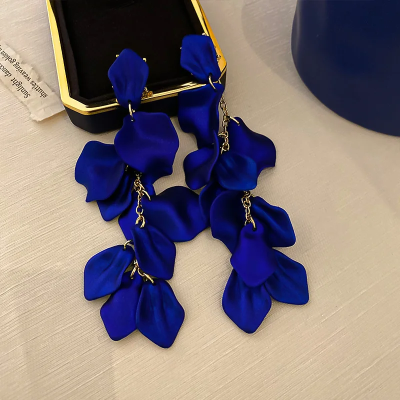Bohemian Rose Petal Earrings Flower Red Yellow Blue Colors Flower Drop Earrings Long Tassel Earrings Party Wedding Jewelry B