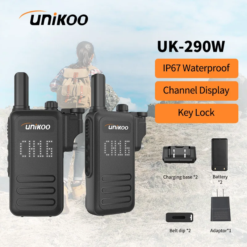 UNIKOO UK290W 2 Pcs Walkie Talkie Screen Display Long Range IP67 Waterproof Durable Portable Communication Set Two Way Radios