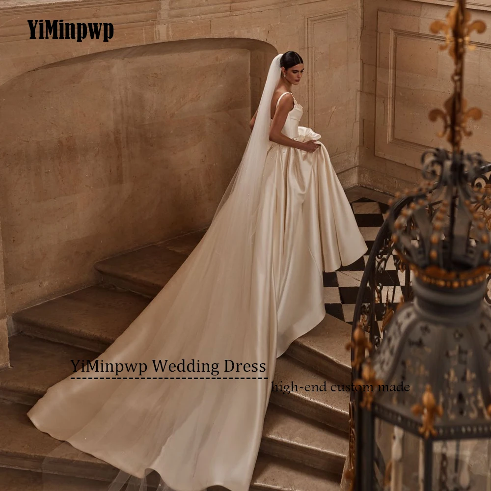 خمر الساتان مطرز فساتين الزفاف السباغيتي الأشرطة ألف خط الحبيب ثوب الزفاف عارية الذراعين الأميرة العروس ثوب مخصص