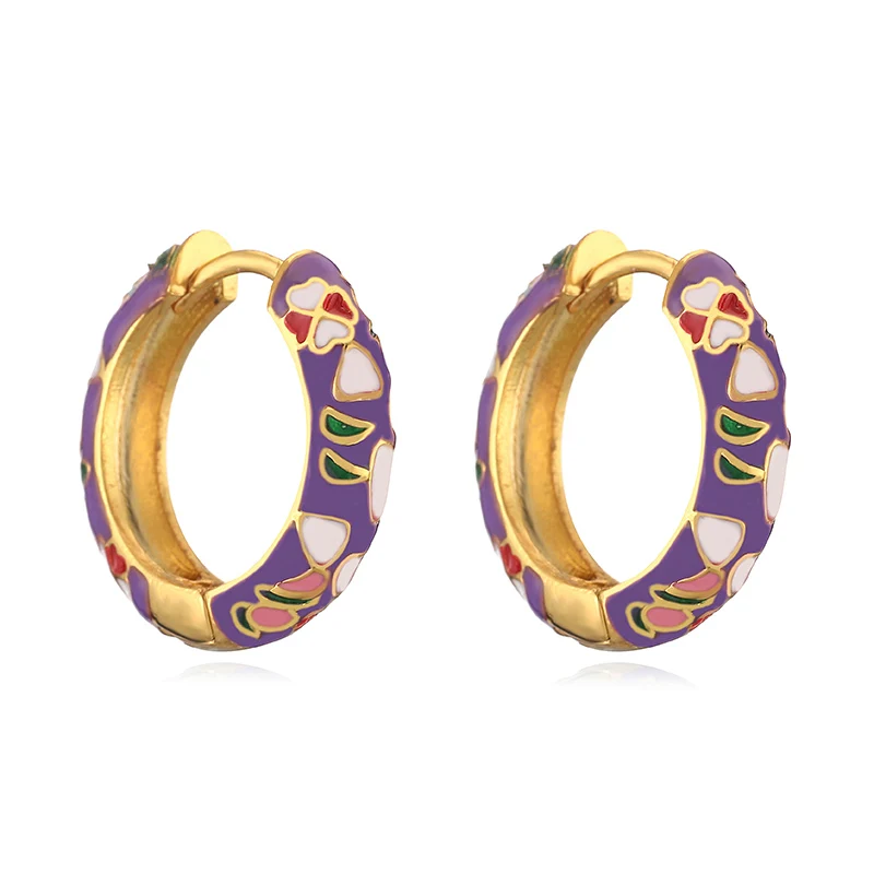 HECHENG, Colorful Flower Small Hoop Earrings Metal Enamel Flowers and Plants Circle Huggie Hoops Female Trendy Jewelry Gift