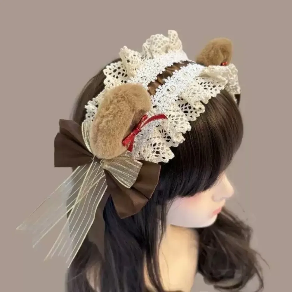 Casual Lace Ruffle Bear Ear Headband Big Bow Sweet Lolita Headband Fluffy Plush Cute Style Cosplay Hair Accessory Halloween
