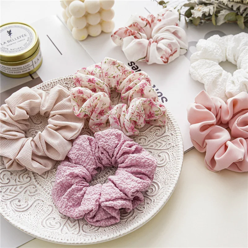 

The Spring New Trendy Handmade Elastic Rope Ribbon Hair Scrunchies Intestine Hair Circle Chiffon Cotton Silk Cloth Ribbons