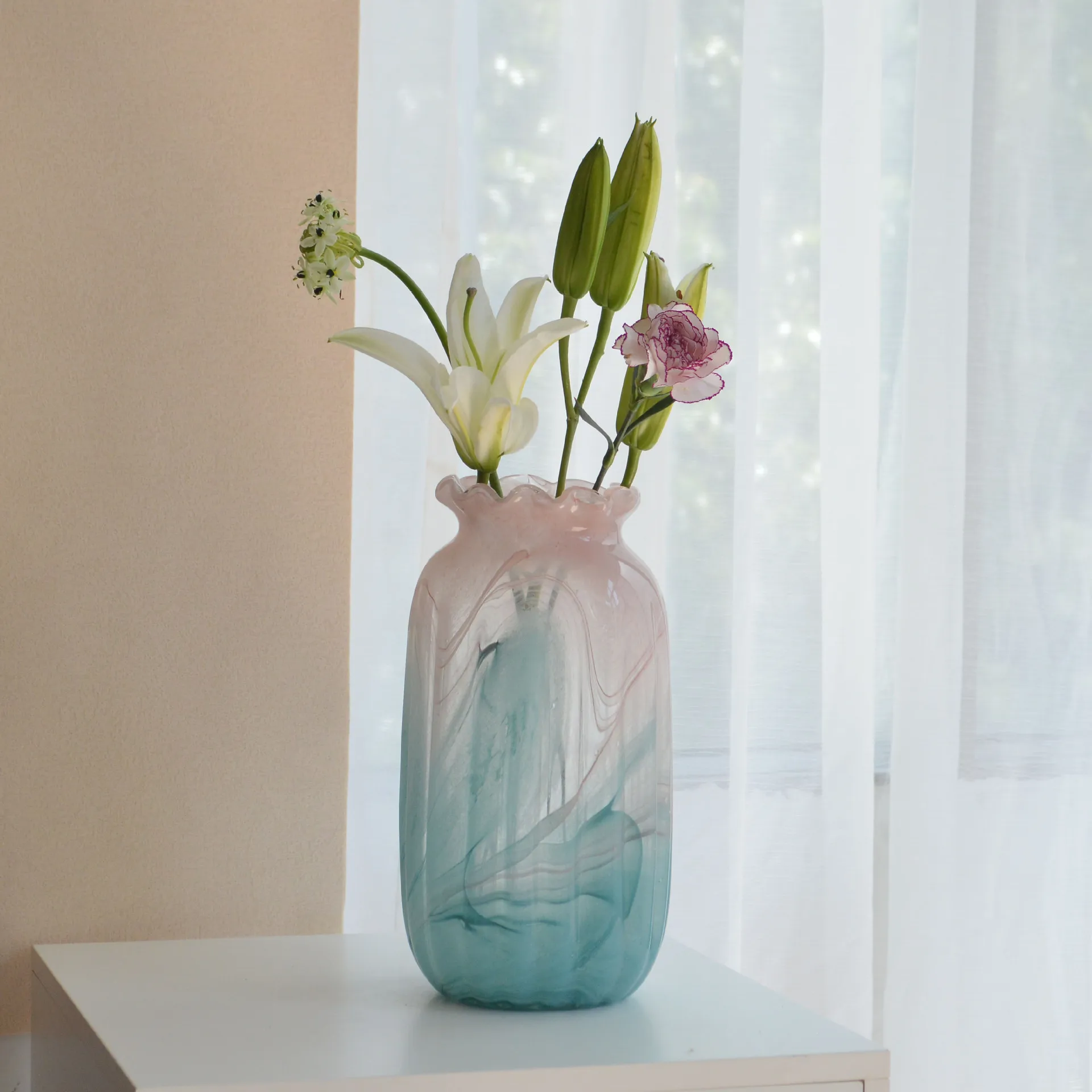 Vase Light Luxury Senior Sense Pink Blue Ink Glass Vase Living Room Flower Arrangement Water Vase Delicate High Appearance Level