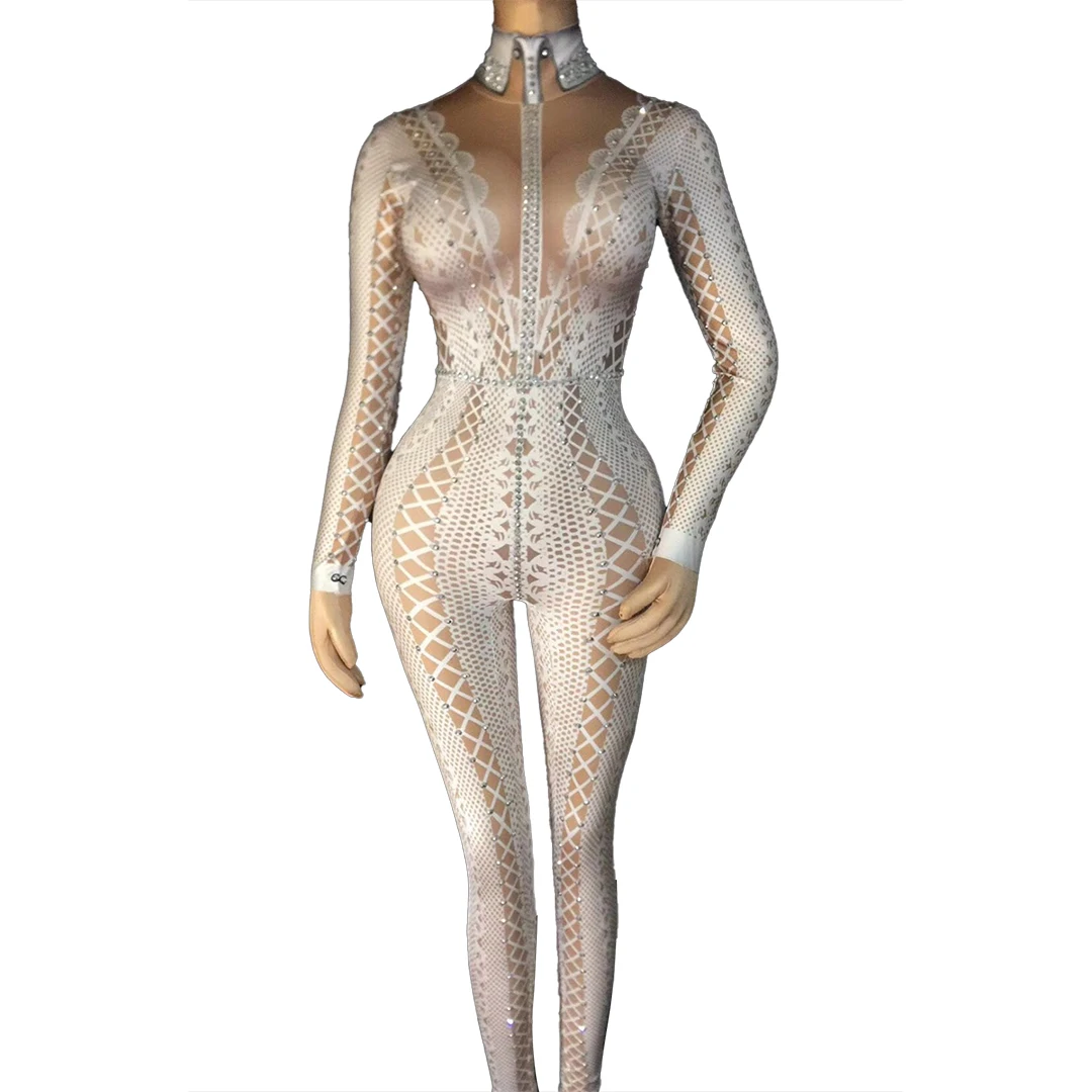 

Fashion White Lace Pattern Women Rhinestones Jumpsuits Stretch Skinny Nightclub Bodysuit Pole Dance Catsuits Stage DS Costumes