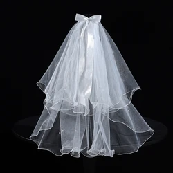 White bridal veil, Two Layer elbow length veil, simple bow decoration suitable for women's wedding and ball accessories