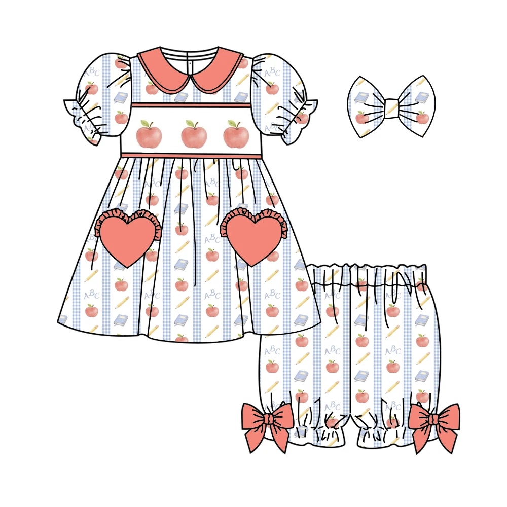 Back to School New Pencil and Book Print Girls' Summer Short-Sleeved Shorts Collared Boutique Heart Pocket Pajama Set
