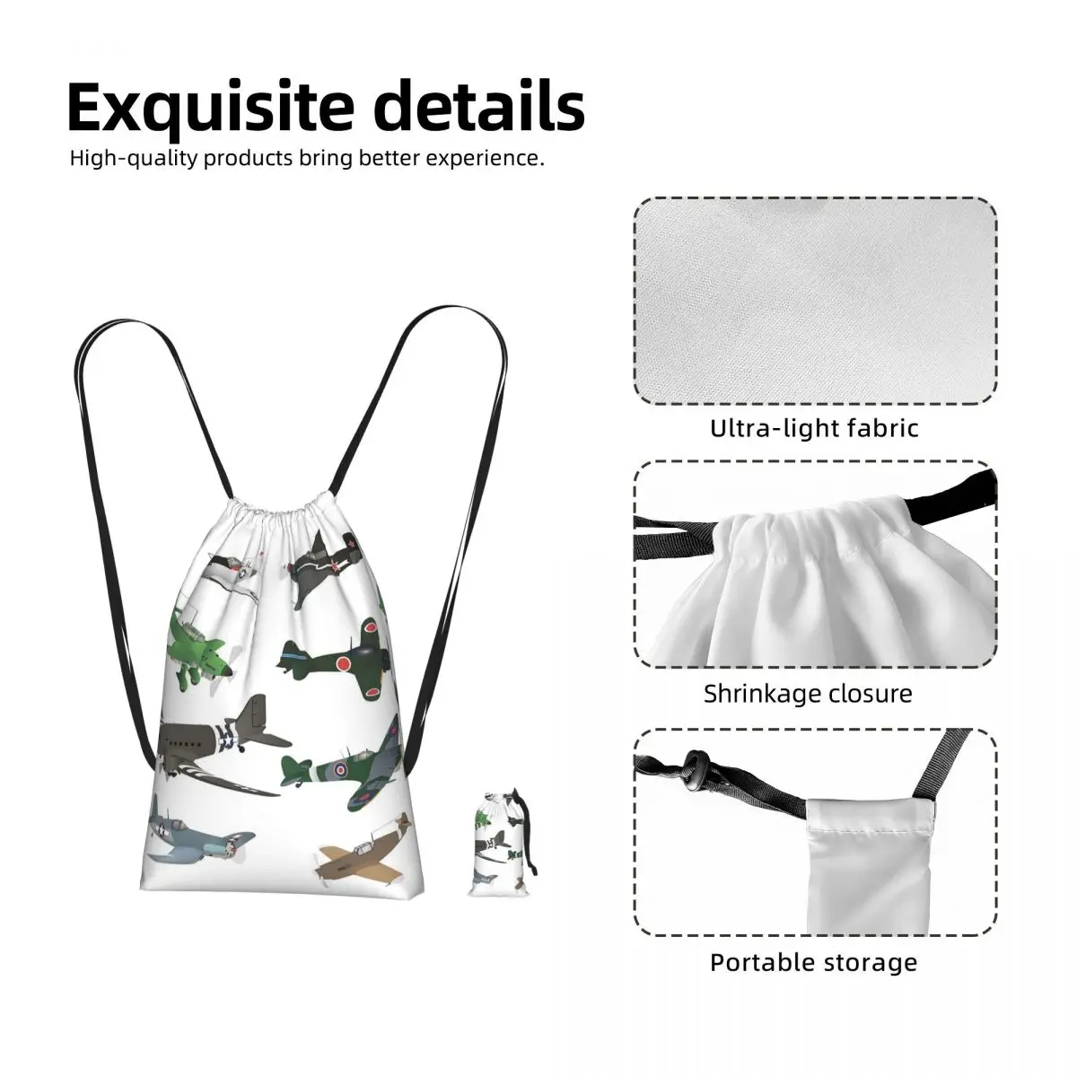 Multiple WW2 Airplanes Drawstring Backpack hiking cycling Bag Portable Travel Drawstring Bag for Men Women