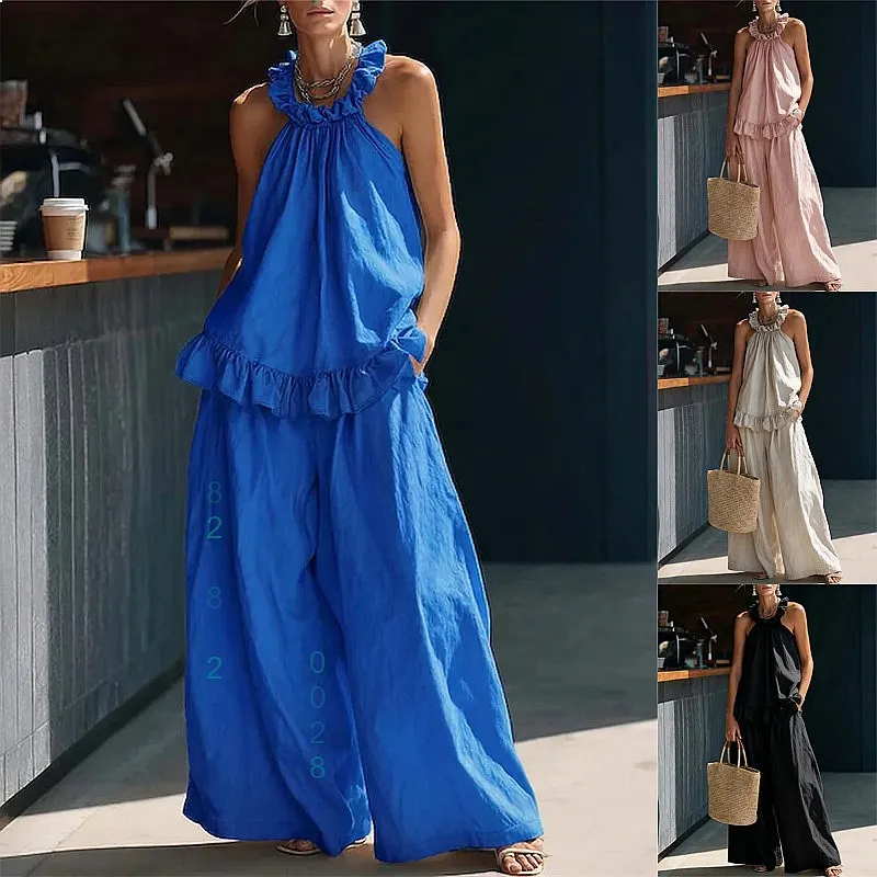 

Sleeveless Blouse Top Cotton Linen Vest Sets High Waist Loose Jumpsuit Playsuit Spring Summer Matching Set